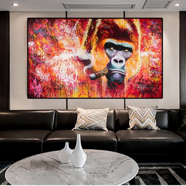 

monkey smoking a cigar graffiti art canvas paintings on the wall art posters and prints animals street art pictures home decor