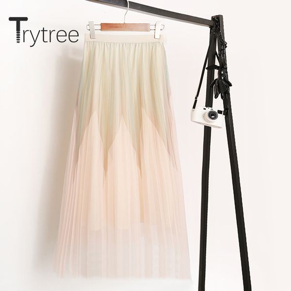 

trytree 2020 летняя женщина юбка повседневная эластичный пояс сетки лоскутное моды элегантные линии темперамент all-purpose стиль юбка, Black
