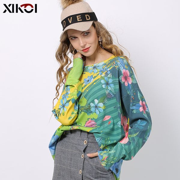 

xikoi winter flowers print sweater women pullovers knitted o-neck jumper women oversized warm sweaters high elastic pull femme, White;black