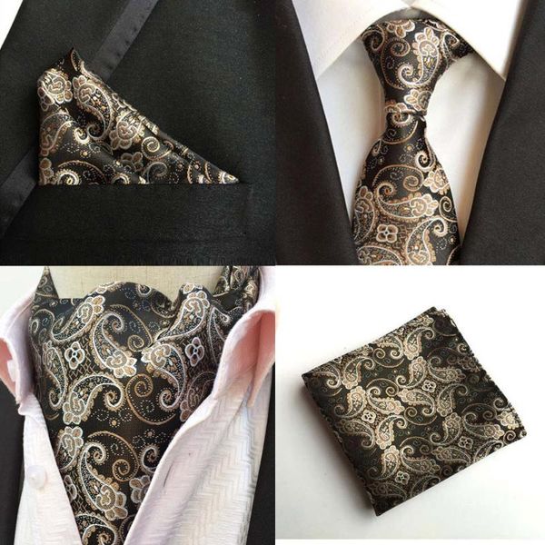 

mens paisley floral black silk tie necktie ascot cravat pocket square set lot hztie0257, Black;gray