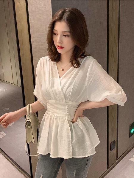 

8191 рубашка # 2019 новый корейский стиль v-образный вырез талии закрытой белый тонкий половина рукав рубашки женские шикарный дизайн ниши, White