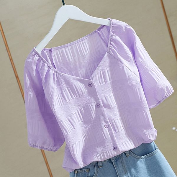 

korean dongdaemun summer clothing v-neck wrinkle bubble sleeve sweet shirt women's simple single-breasted slimming cardigan shirt, White