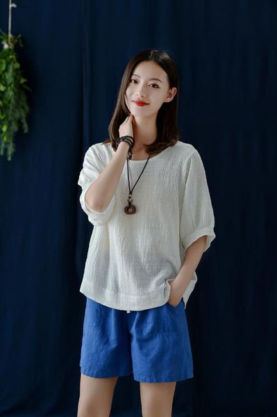 

new summer 2020 round neck lantern sleeve t-shirt female cotton linen solid color bottom tee shirts, White