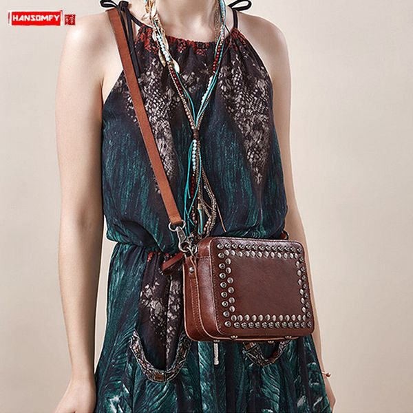 

retro leather women shoulder bag handmade messenger bag rivet square crossbody bags first layer cowhide new original 2020 female