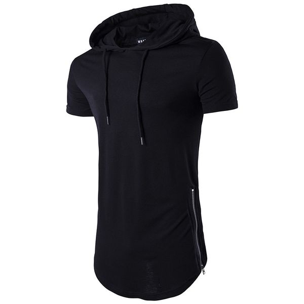 

summer new men double side zipper high street hip hop long hooded short sleeve tshirt b62, White;black