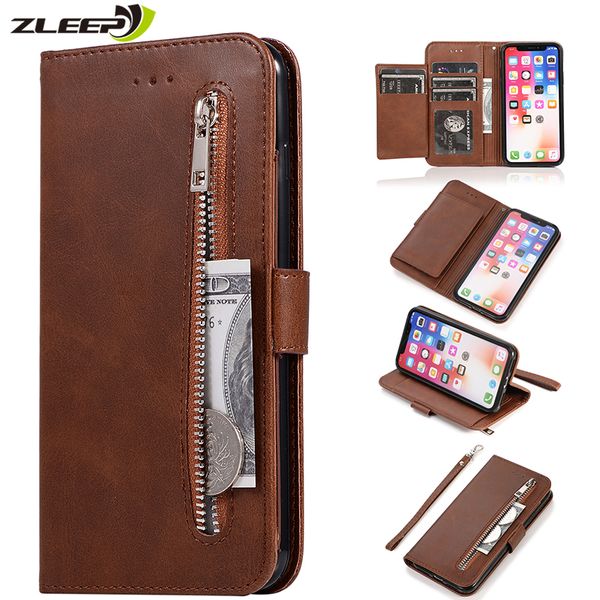 

leather zipper 8plus flip wallet case for iphone 11 pro x xs max xr 6 6s 7 8 plus card holder stand phone cover coque etui mujer