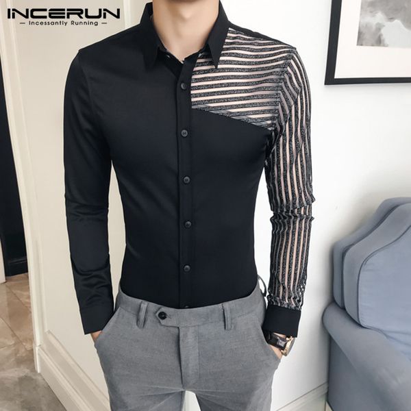 

2020 men striped shirts casual long sleeve lapel camisa fashion patchwork blusas man black transparent shirt hombre 5xl incerun, White;black
