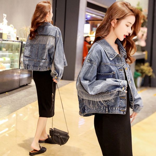 

2019 nv wai tao nv wai tao women's coat spring new korean style chain tassel short internet celebrity denim coat for women, Black;brown