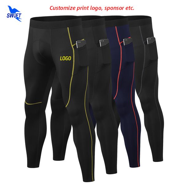 

customize logo compression pants men sports running tights quick dry elastic leggings gym fitness jogging trousers with pockets, Black;blue
