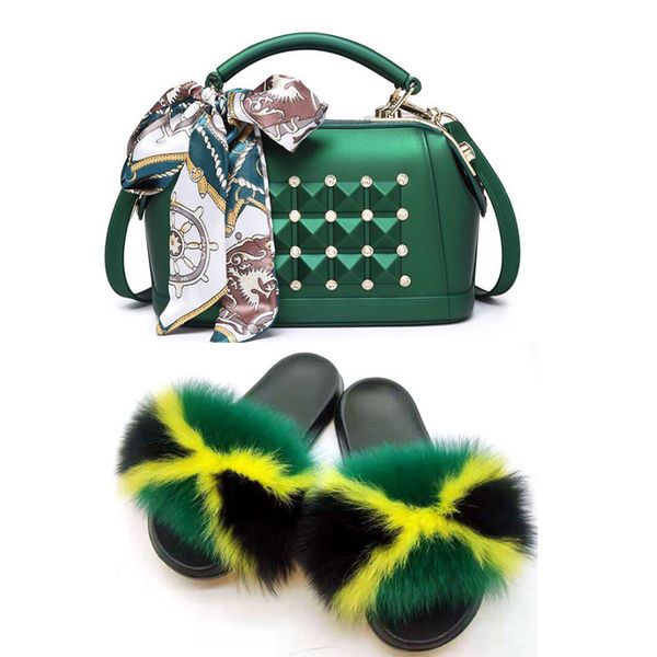 

fur furry slides and purse set wholesale fuzzy slippers women summer fluffy slide fur slides and bags platform slipper, Black