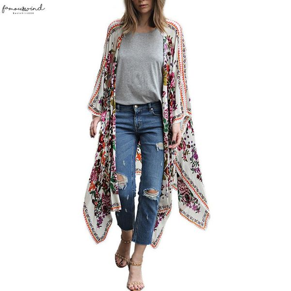 

2020 plus size kimono cardigan casual summer blusa manga comprida feminina women shirts and brands printing flower, White