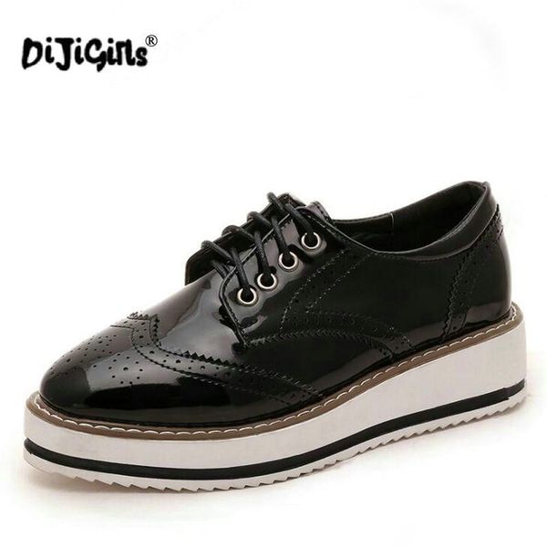 

spring women platform shoes woman brogue patent leather shoes lace up footwear female flats oxford for women drop shipping, Black