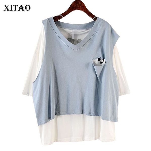 

xitao] false two pieces women 2020 summer new fashion v-neck short sleeve loose tee female patchwork hole t-shirt wbb3742, White