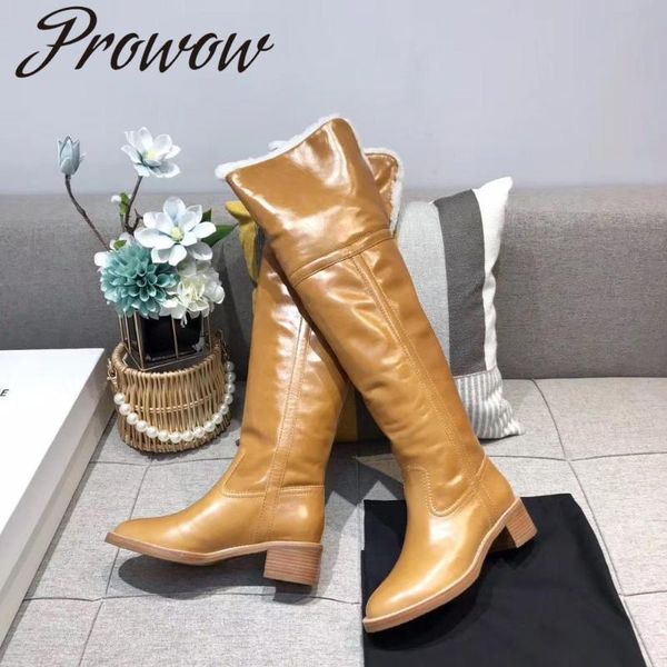 

prowow new genuine leather over the knee high thigh boots winter warm sheep fur inside snow boots shoes women, Black