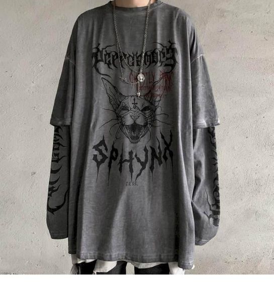 

punk t shirt streetwear cool patchwork tshirt harajuku summer tees spring long sleeve high street loose japan style, White;black