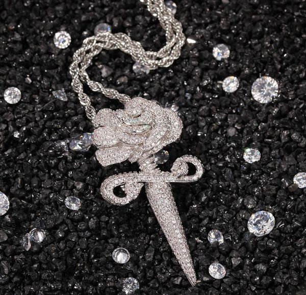 

trendy hip hop european and american zircon rose bouquet pendant necklace fashion romantic couple accessories, Silver