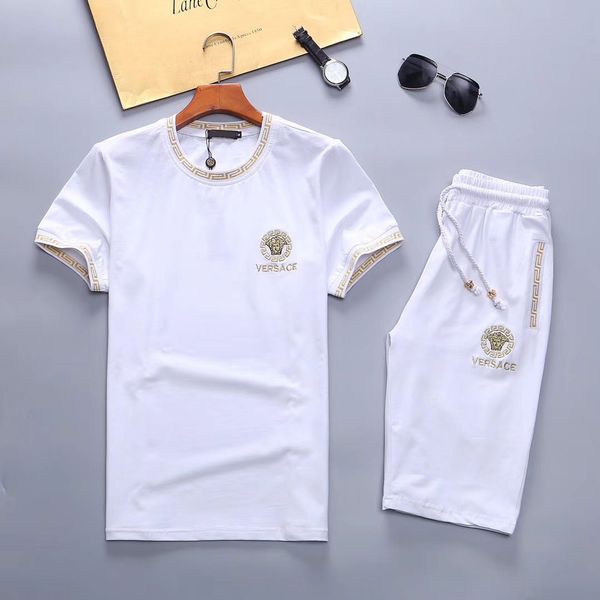 

summer mens tracksuit maserati printed men stall collar v-neck short sleeves pullover with casual jogger pants suits homme sportsuit e2, Gray