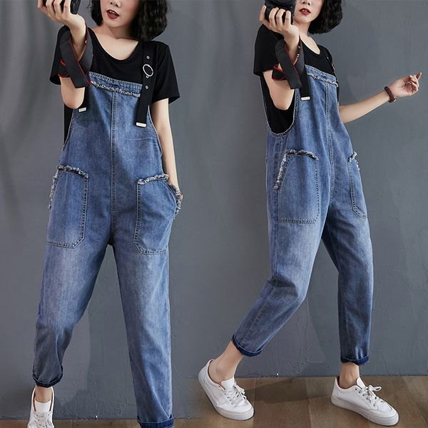 

xvgzi fat sister big pocket strap women's 2020 summer new korean style and jeans trousers and jeans style adjustable large size ankle-l, Blue