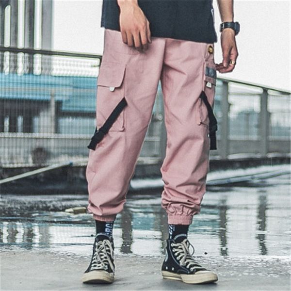 

man tooling pencil pants fashion trend casual straight leg trousers designer male pocket embroidery drawstring loose pants, Black