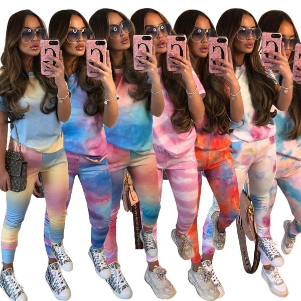 

2pcs set fashion female clothing 2020 womens designer tracksuits summer short sleeve print tie-dyed tshirt casual sport, Gray