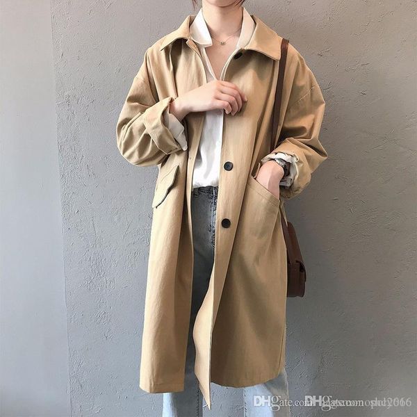 

autumn and winter womens designer windbreaker jacket casual fashion modern and simple medium long loose long-sleeved jacket, Tan;black