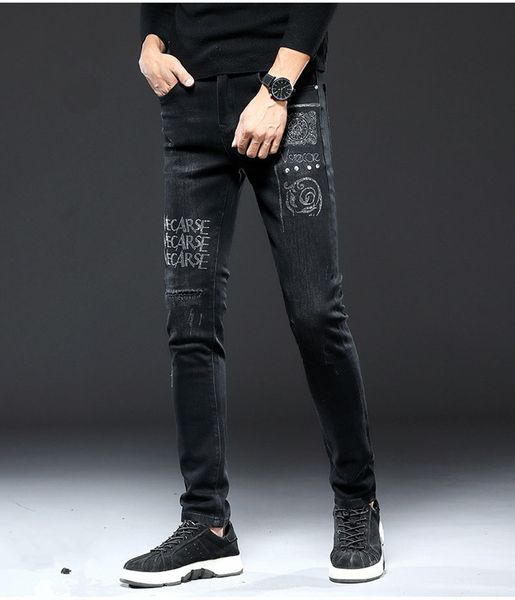 

new men distressed torn biker jeans slim fit motorcycle biker fashion hip hop mens jeans good quality, Blue