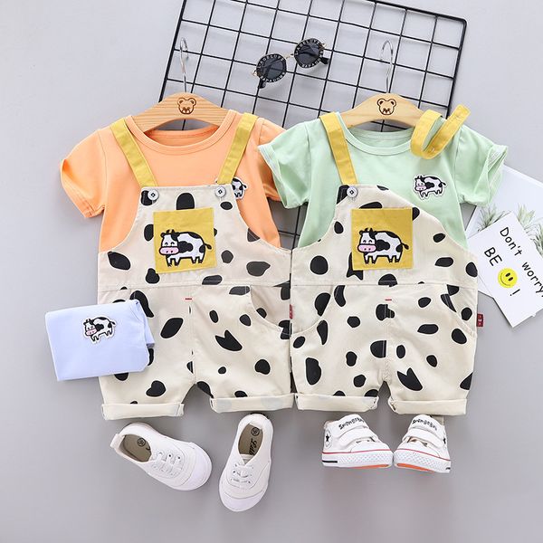 

baby boy baby clothes summer jeans suspenders pants suit girl cartoon cow dinosaur short printed sleeve two-piece suit, White