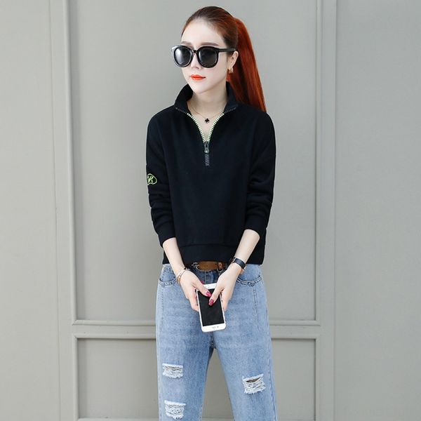 

s010502 spring 2020 new loose stand coat pullover collar coat long sleeve lazy embroidered pullover sweater, Black