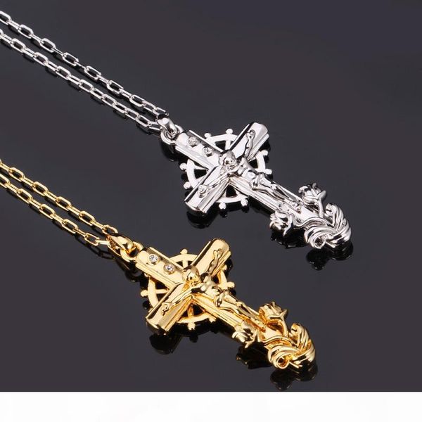 

big cross pendant 18k gold platinum plated choker necklace for women men rhinestone jesus jewelry, Silver