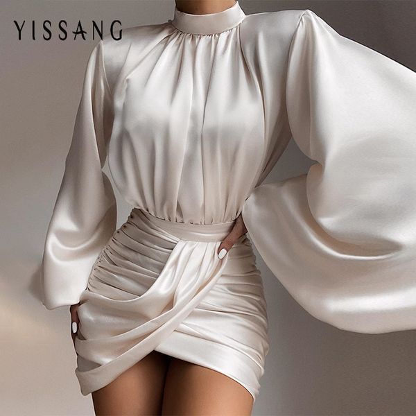 

yissang draped party satin dress women turtleneck long lantern sleeve button pleated bodycon dresses autumn mini dress 2020, Black;gray