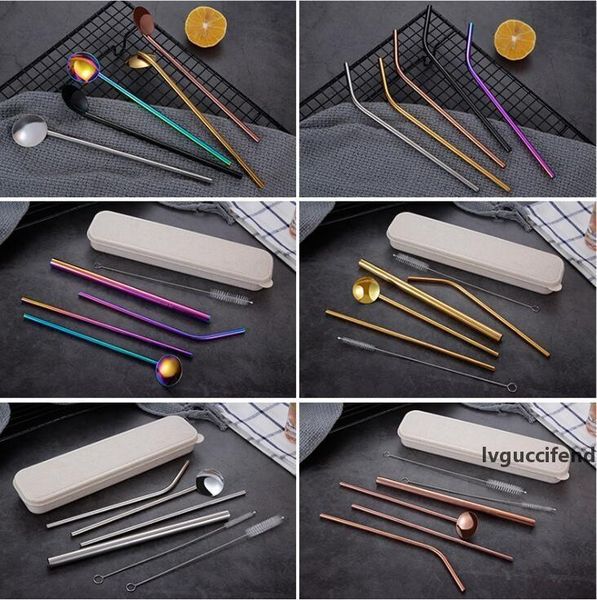 

304 stainless steel straws reusable straight bent milk tea beverage drink straws with spoon cleaner brush box travel set lxl302