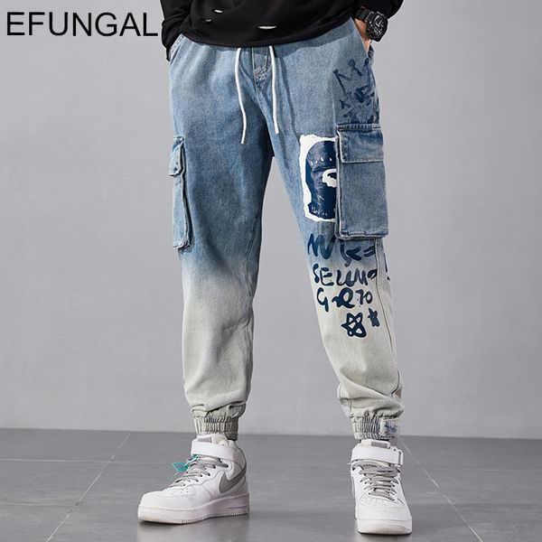 

harem joggers man biker jeans gradient color graffiti letter print autumn winter denim hip hop pants casual streetwear, Blue