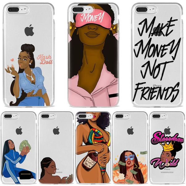 

make money not friends kash afro black girl fundas phone case for iphone 11 pro x xr xs max 8 7 6s plus transparent silicone case coque