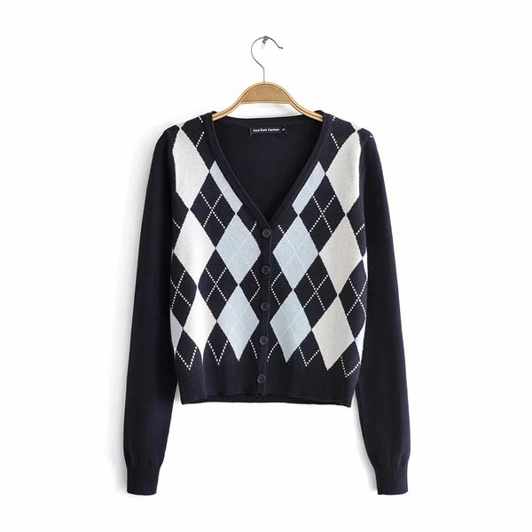 

female sweater vintage stylish geometric rhombic cardigan sweater women 2020 casual autumn long sleeve outerwear chic england style, White;black