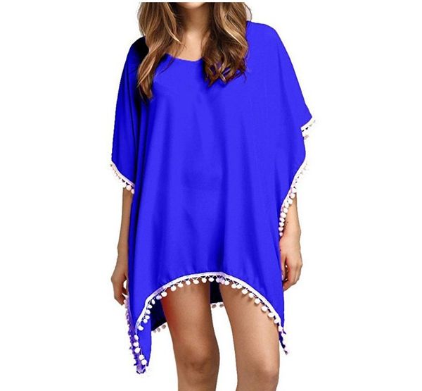 

women's blouses & shirts loose tassels solid color chiffon small white ball beach blouse dress sunscreen cover up
