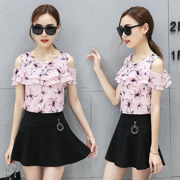 

floral chiffon 2020 summer new t- shirt shirt korean style all-match short-sleeved chiffon ruffled shoulder-leaking t-shirt, White