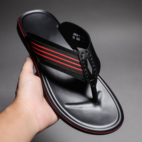 

summer slippers men casual outside flat non-slip flip flops men lightweight leather soft slides shoes high quality, Black