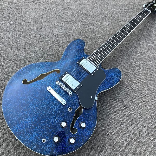 

customized wholesale new double f hole metal blue jazz electric guitar mahogany fingerboard electric guitar to provide customized services