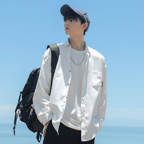 

men long sleeve shirt spring and autumn loose fashion lapel shirt new long-sleeved men, White;black