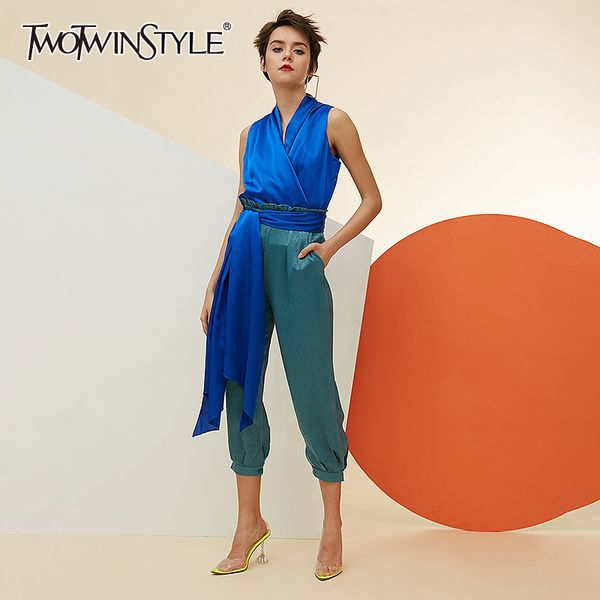 

twotwinstyle casual two piece set for women v neck sleeveless high waist lace up pants female suits 2020 spring new fashion, White