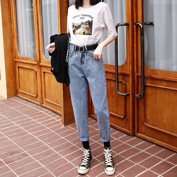 

2020 early spring new dad jeans female loose korean student female high waist was thin harlan straight nine points radish pants, Blue
