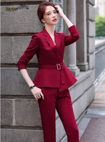 

elegant red formal uniform designs pantsuits with pants and jackets coat for women business work wear blazers with belt, White