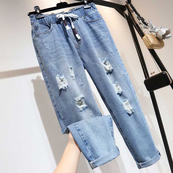 

women's jeans ripped for women high waist plus size elastic loose ankle-length denim harem pants femme 4xl 5xl, Blue