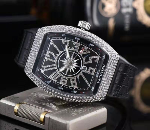 

wholesale fashion men watch diamond iced out bezel watches classic design quartz movement leather strap male sport party wristwatches clock, Slivery;brown