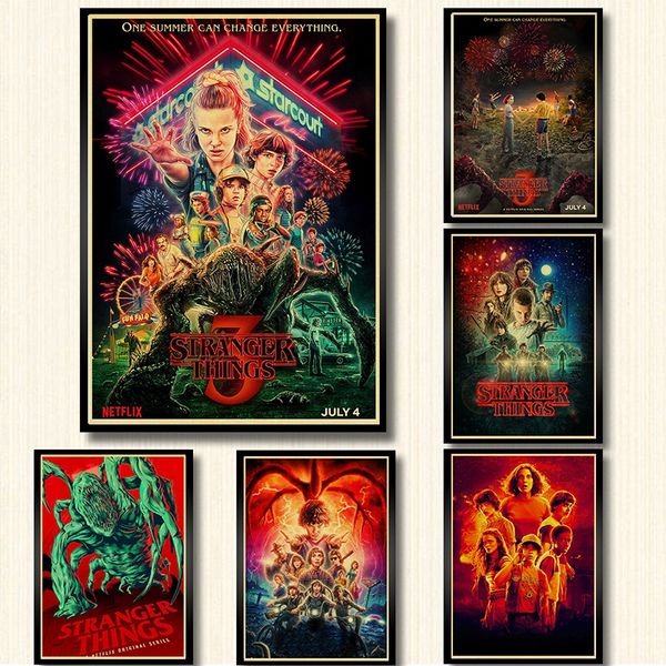 

new stranger things season 3 posters tv movie kraft paper prints art for living room wall bedroom decors