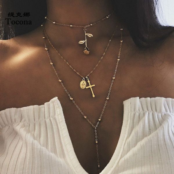 

multi-layer long chain pretty rose cross pendant necklace for women 2020 virgin mary chocker bohmemian jewelry 9528, Silver