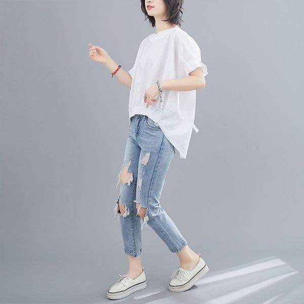 

artistic lace-up t- loose two-sided pullover t- pullover shirt short-sleeved personalized bat sleeve slimming shirt, White