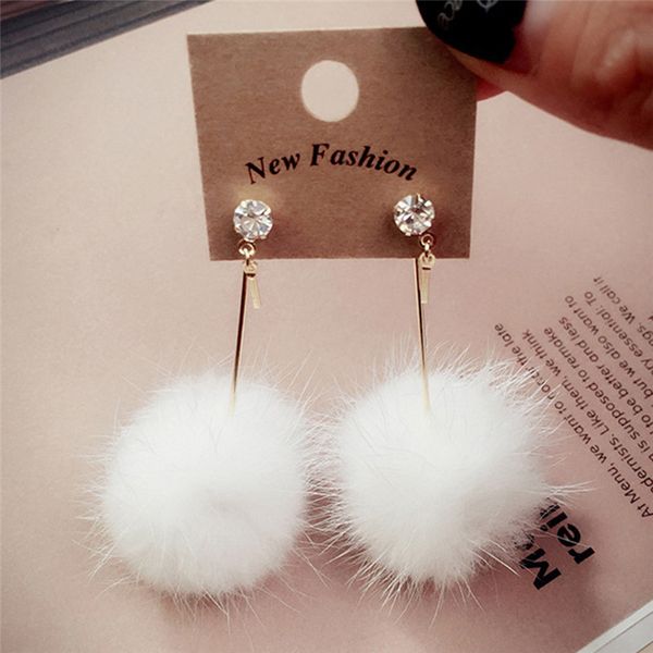 

1pair lovely fake faux fur ball dangle earrings cute soft pompom long drop earring jewelry for lady women girls, Silver