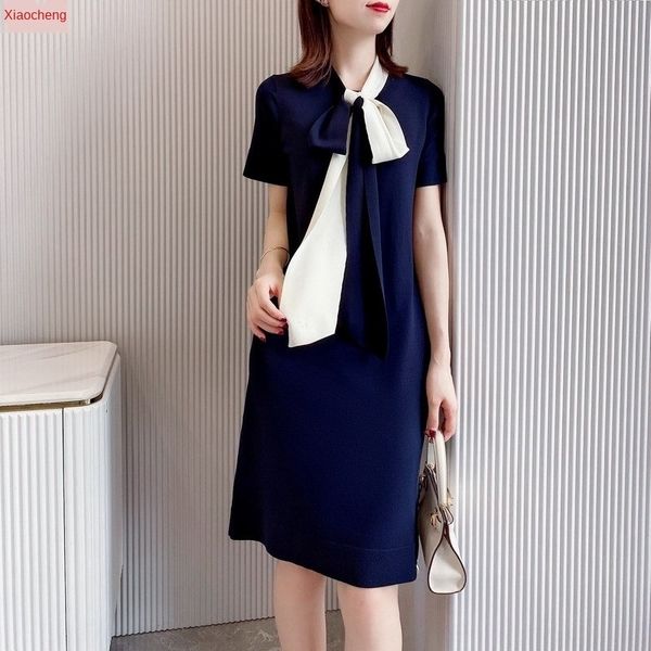 

high-end luxe summer new cute preppy chic color block scarf collar knit scarf dress short-sleeved dress women's, Black;gray