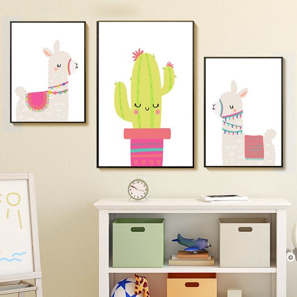 

nursery print cartoon llama cactus alpaca wall art canvas painting picture nordic kid room posters and prints bedroom decor